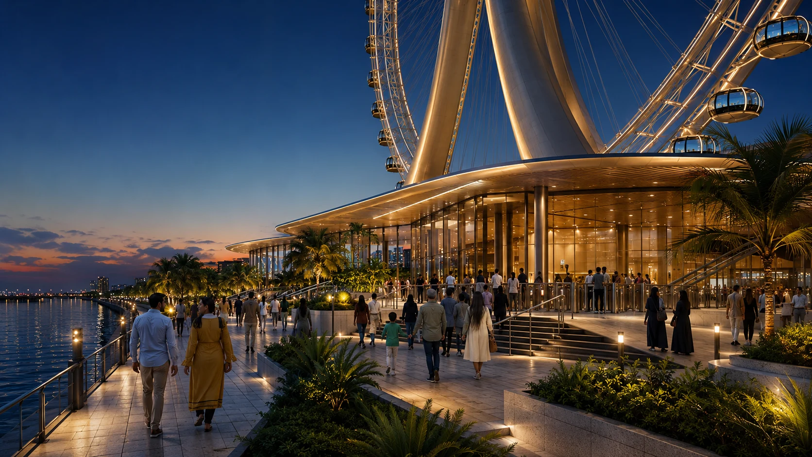 Concept visualization of the Amaravati Eye waterfront boarding pavilion and arrival promenade